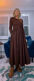 Betty Dress – Ribbed Cotton Jersey with Flared Skirt & Pockets (Black or Chocolate Brown)