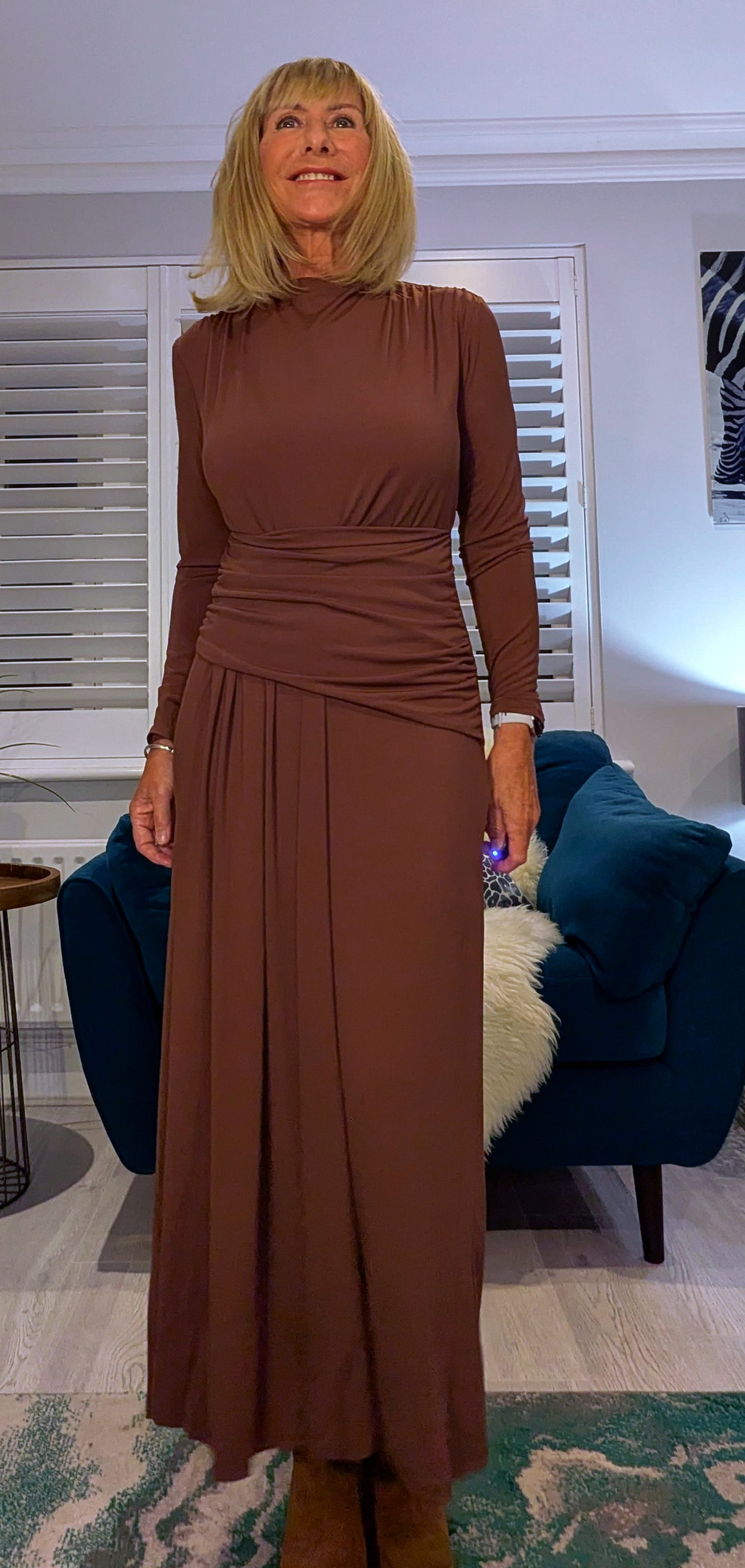 Rusty Ruched Dress – Rust with Drop Waist -Slash Neck