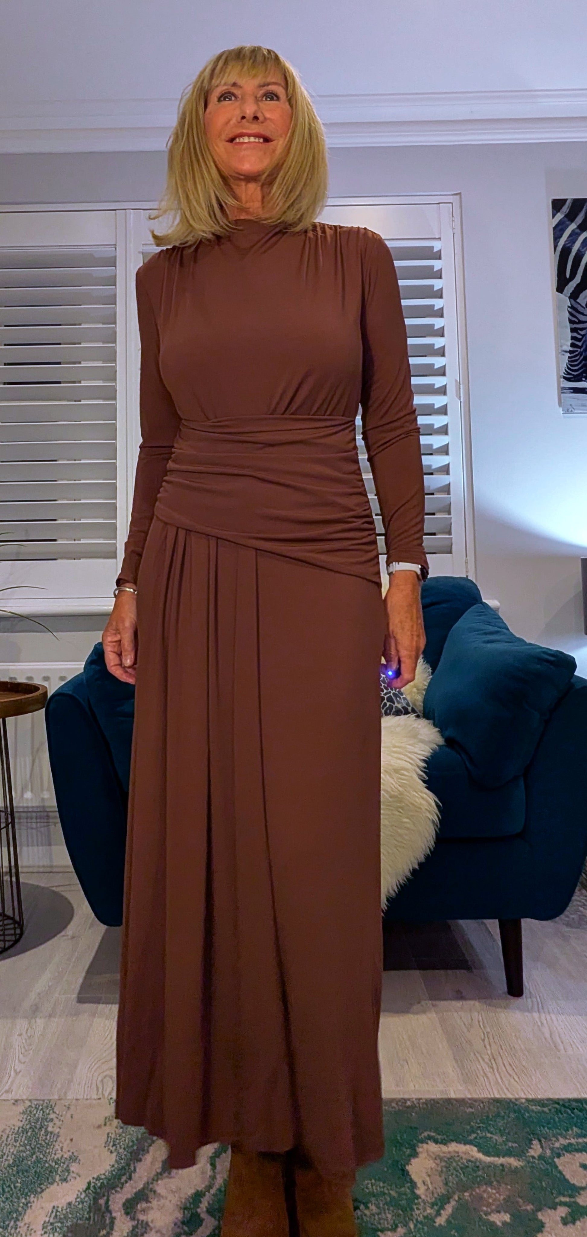 Rusty Ruched Dress – Rust with Drop Waist -Slash Neck