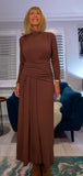 Rusty Ruched Dress – Autumnal Rust with Drop Waist & Slash Neck