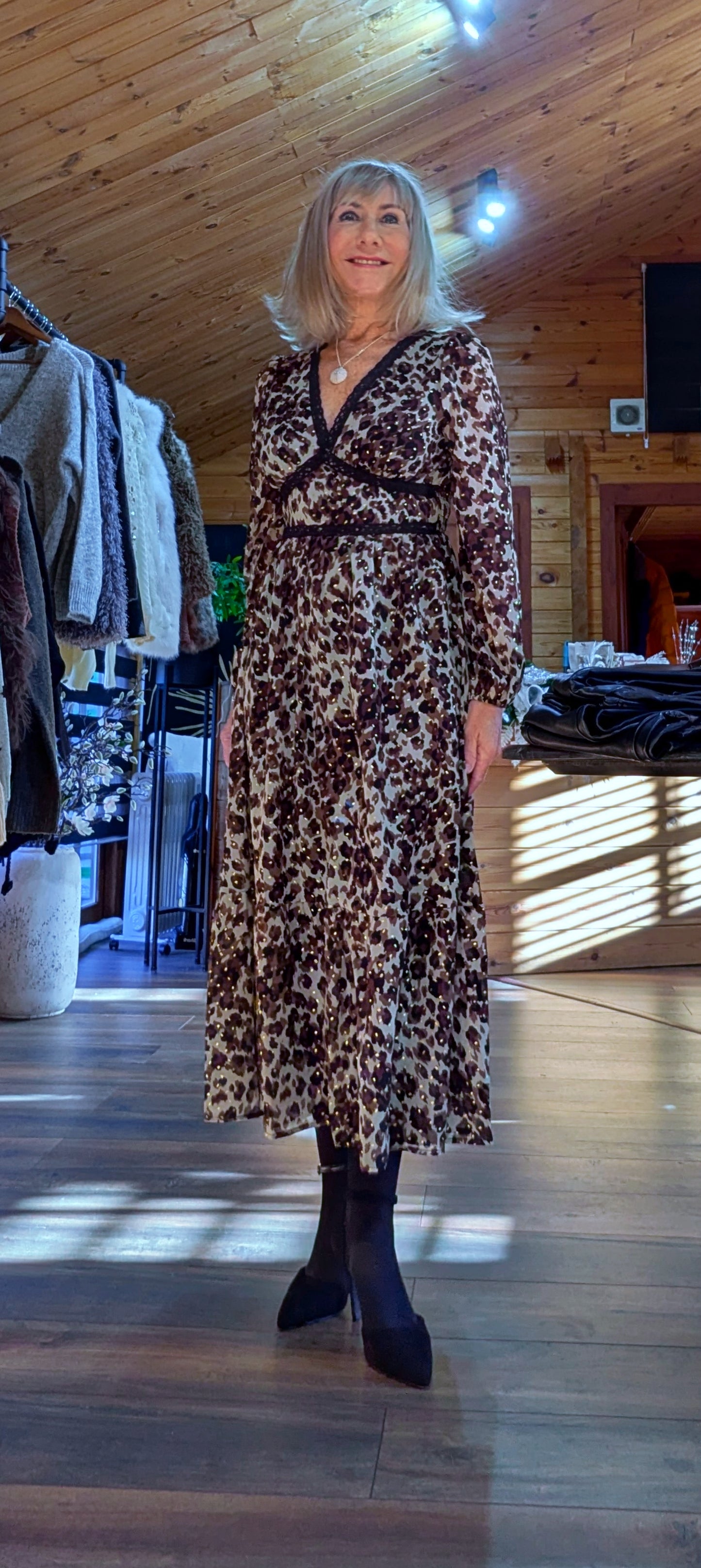 Caterina Leopard Print Dress – Lace Trim -Gold Accents