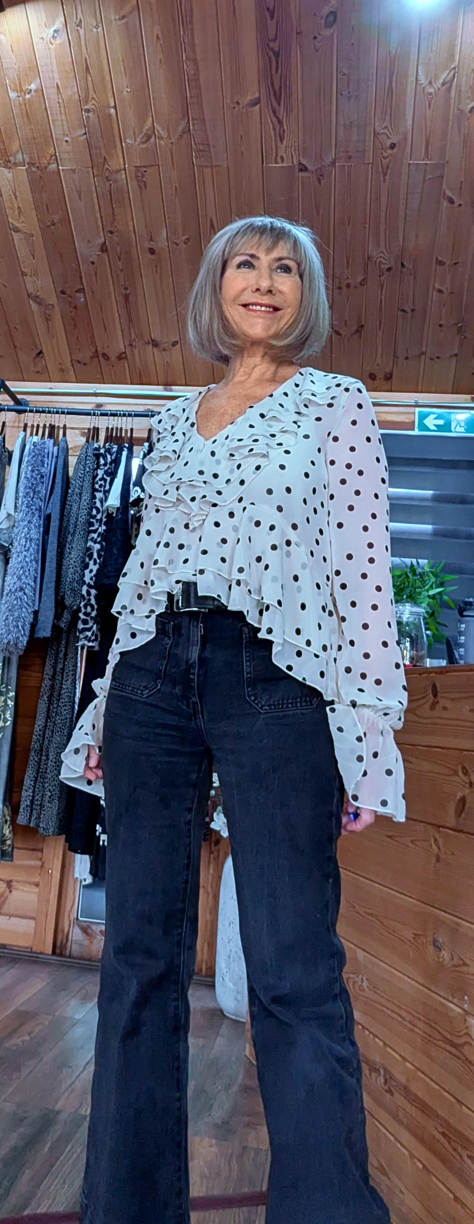 River Statement Frilled Blouse - Ivory with Black Polka Dots