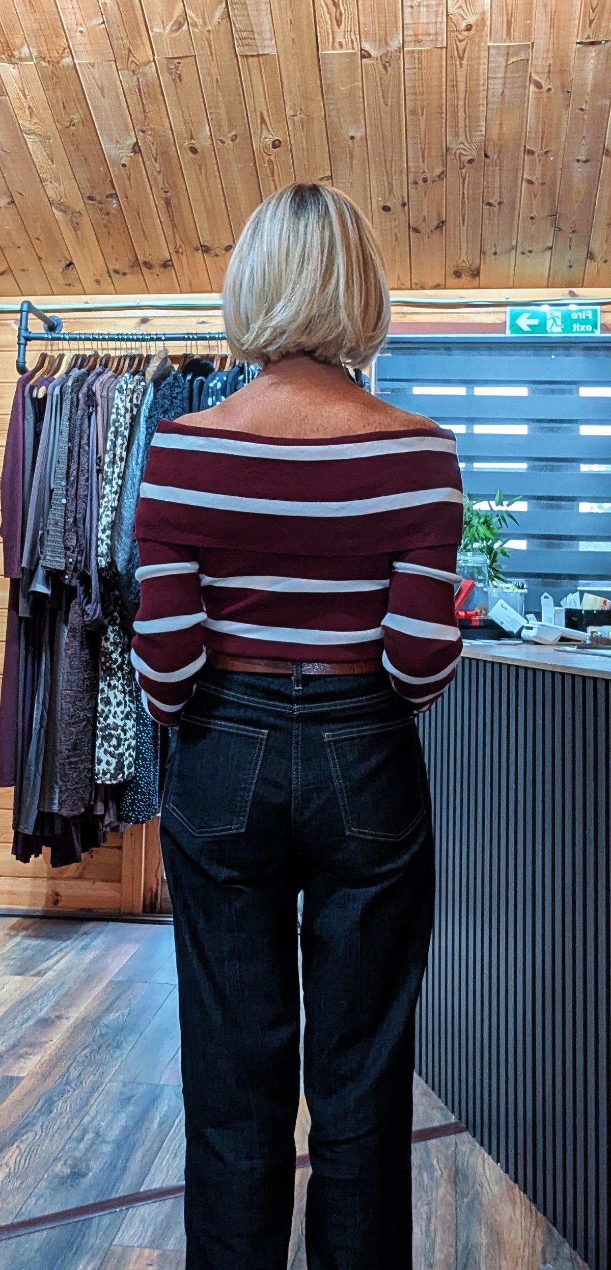 Women’s burgundy striped long sleeve Bardot top at rear
