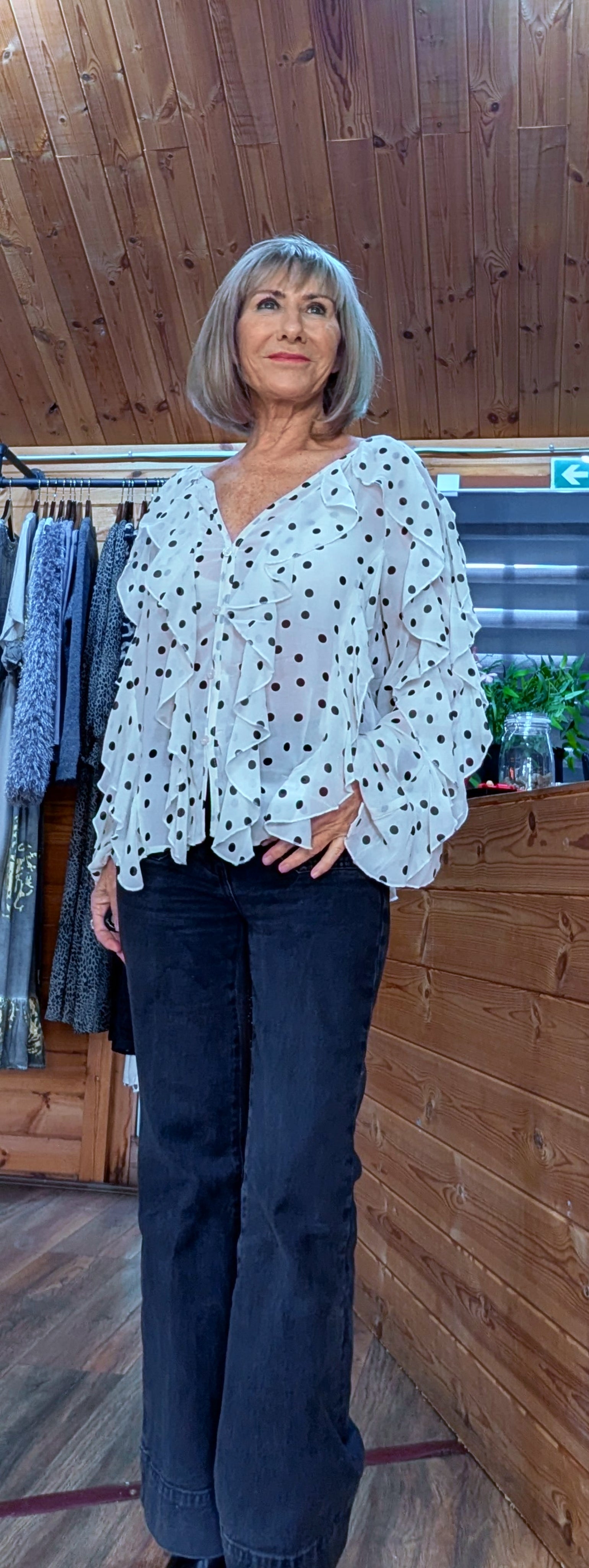 Ashley Blouse – Statement Frilled Blouse - Ivory with Polka Dots