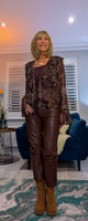 Emery Sheer Blouse – Coffee & Taupe Swirl with Frilled V-Neck