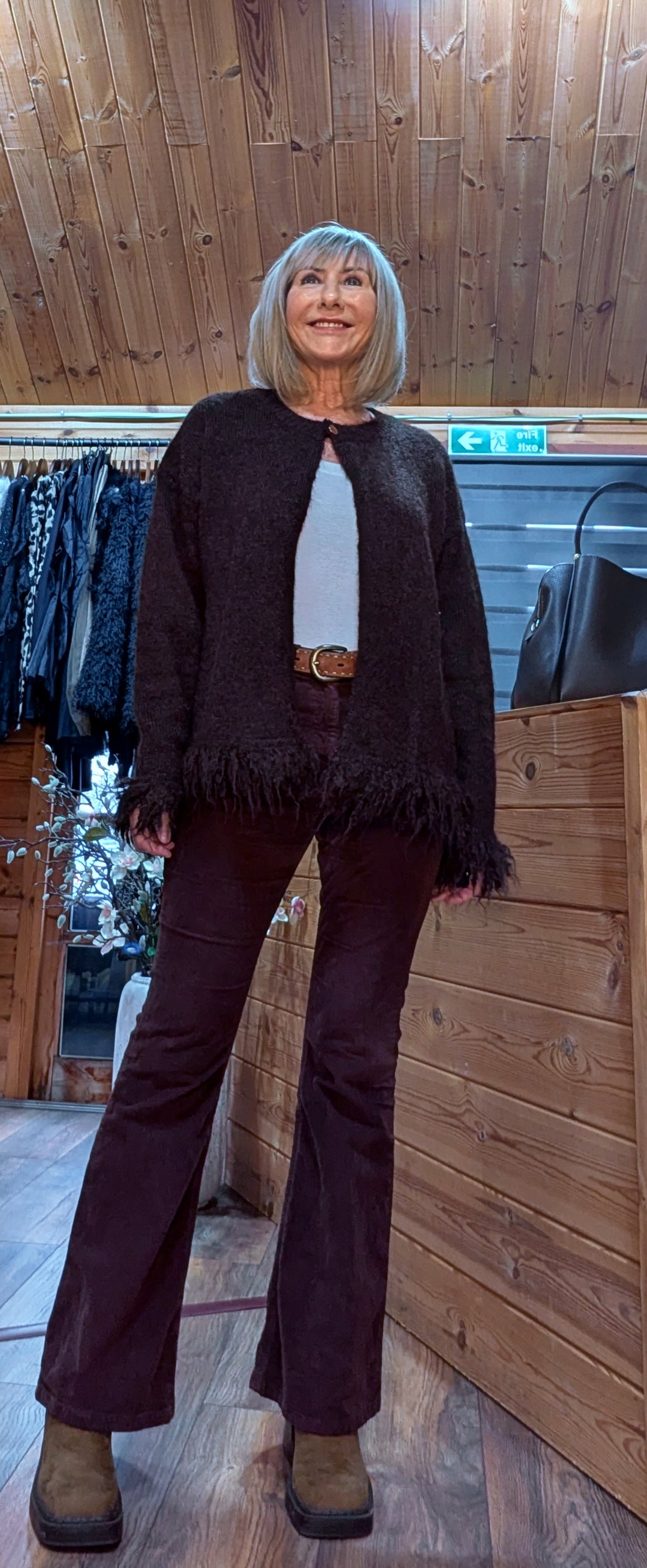 Philomena Chocolate Fringe Cuff Cardigan – Gold Neck Button