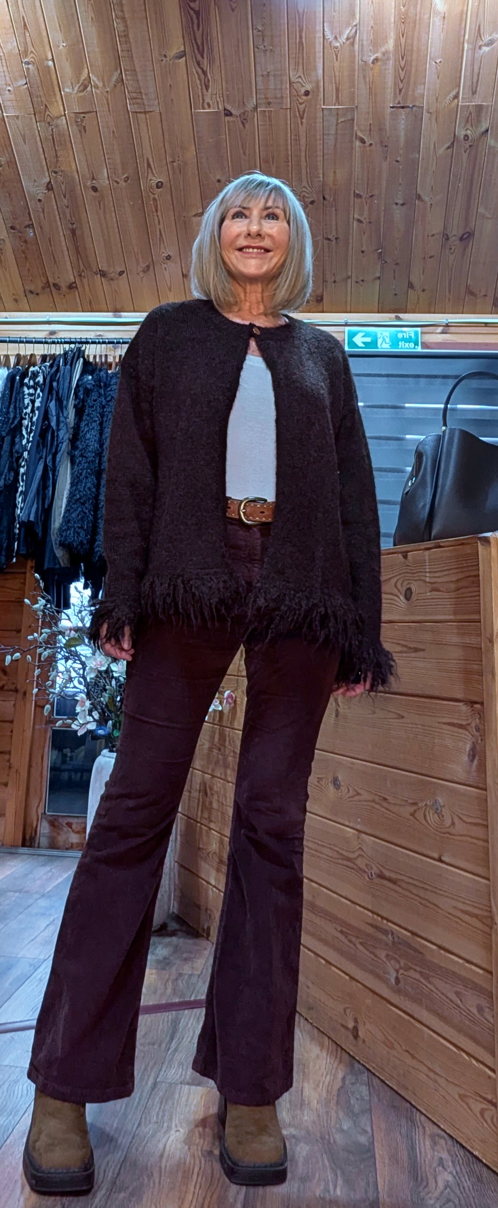 Philomena Chocolate Fringe Cuff Cardigan – Gold Neck Button