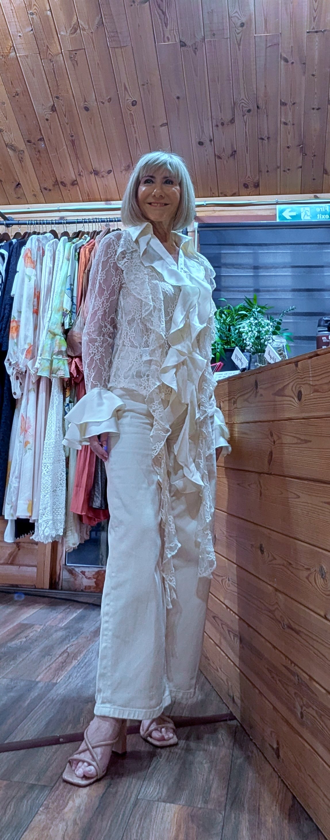 Vivienne  Cream Lace Blouse – Satin - Sequins - Ruffle Detail -Flared Sleeves