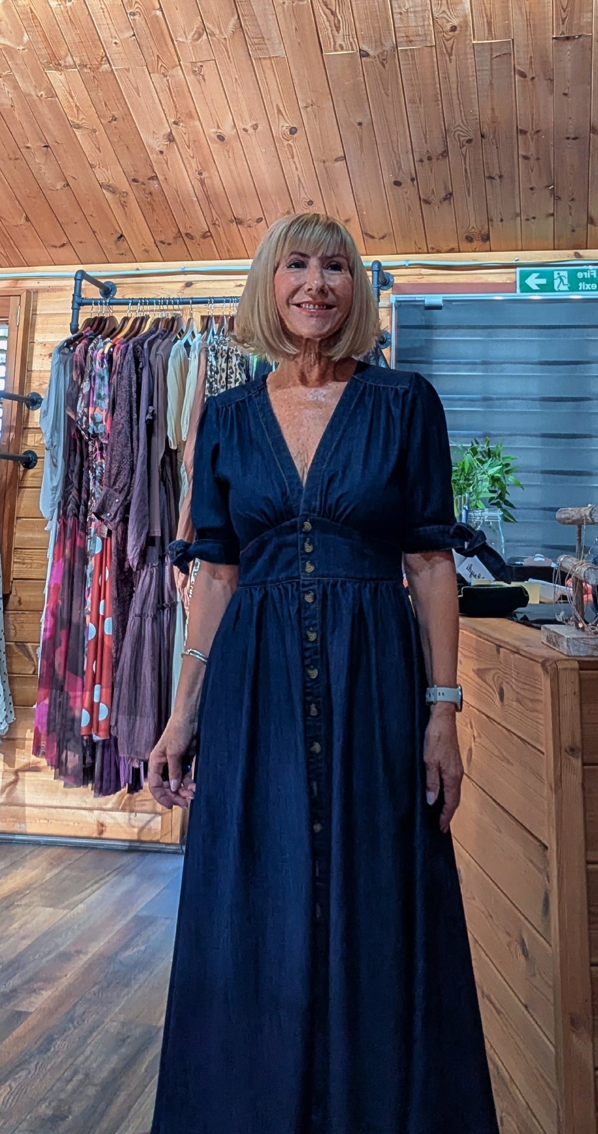 Binty  dark navy blue maxi dress with a button-down front with fitted waist 