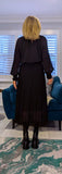 Zena Pleated Midi Dress – High Neck with Gold Button Detail