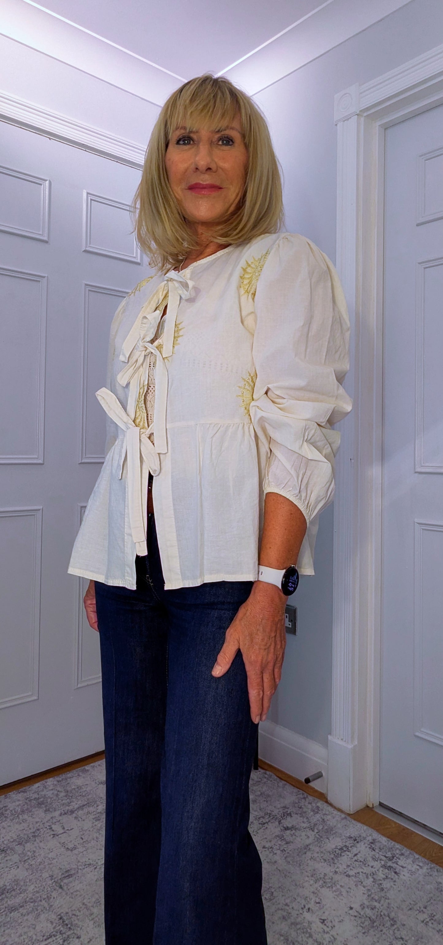 Melanie Cotton Smock Blouse – White or Cream with Gold Embroidery