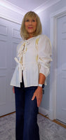 Melanie Cotton Smock Blouse – White or Cream with Gold Embroidery