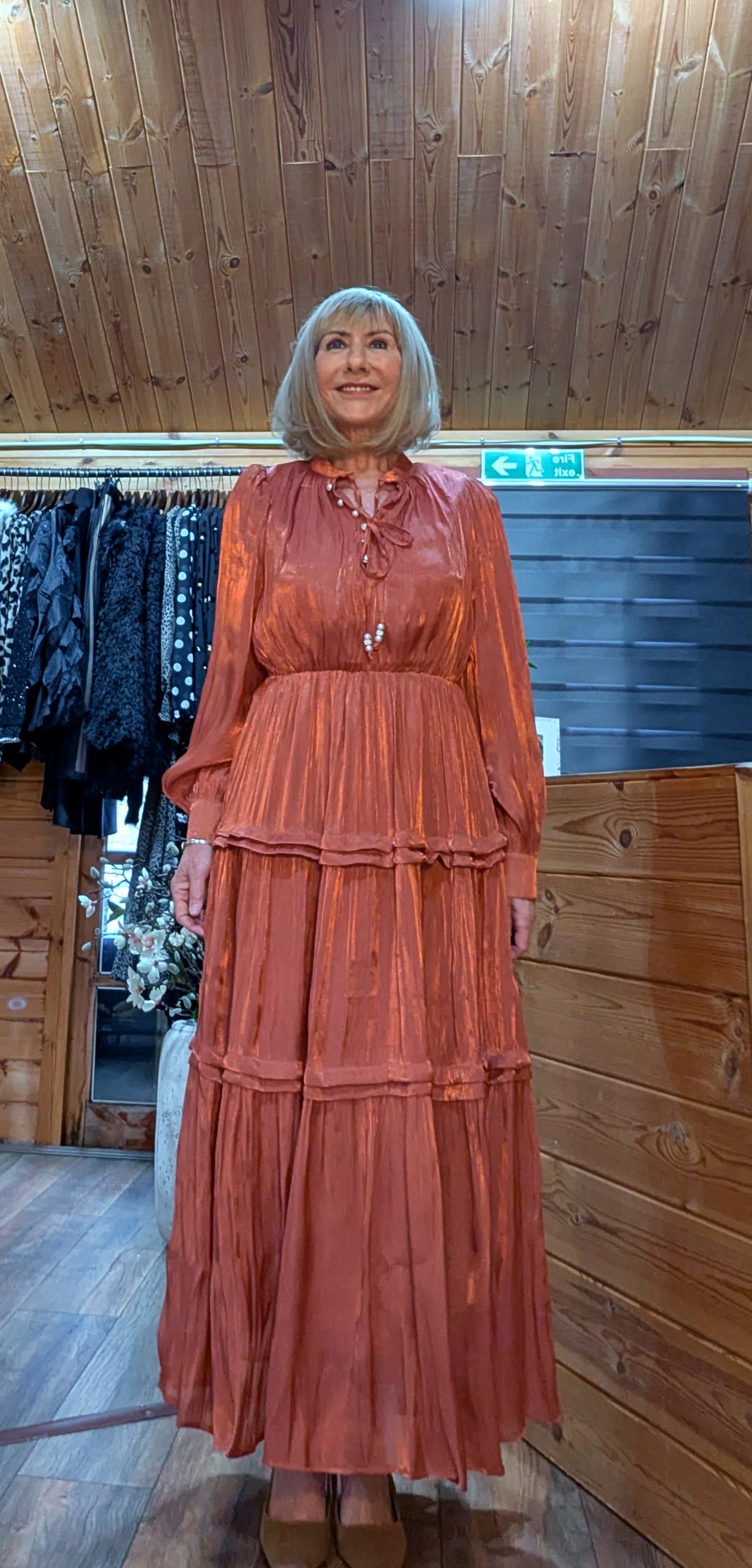 Rust occasion midi dress with tie neck detail
