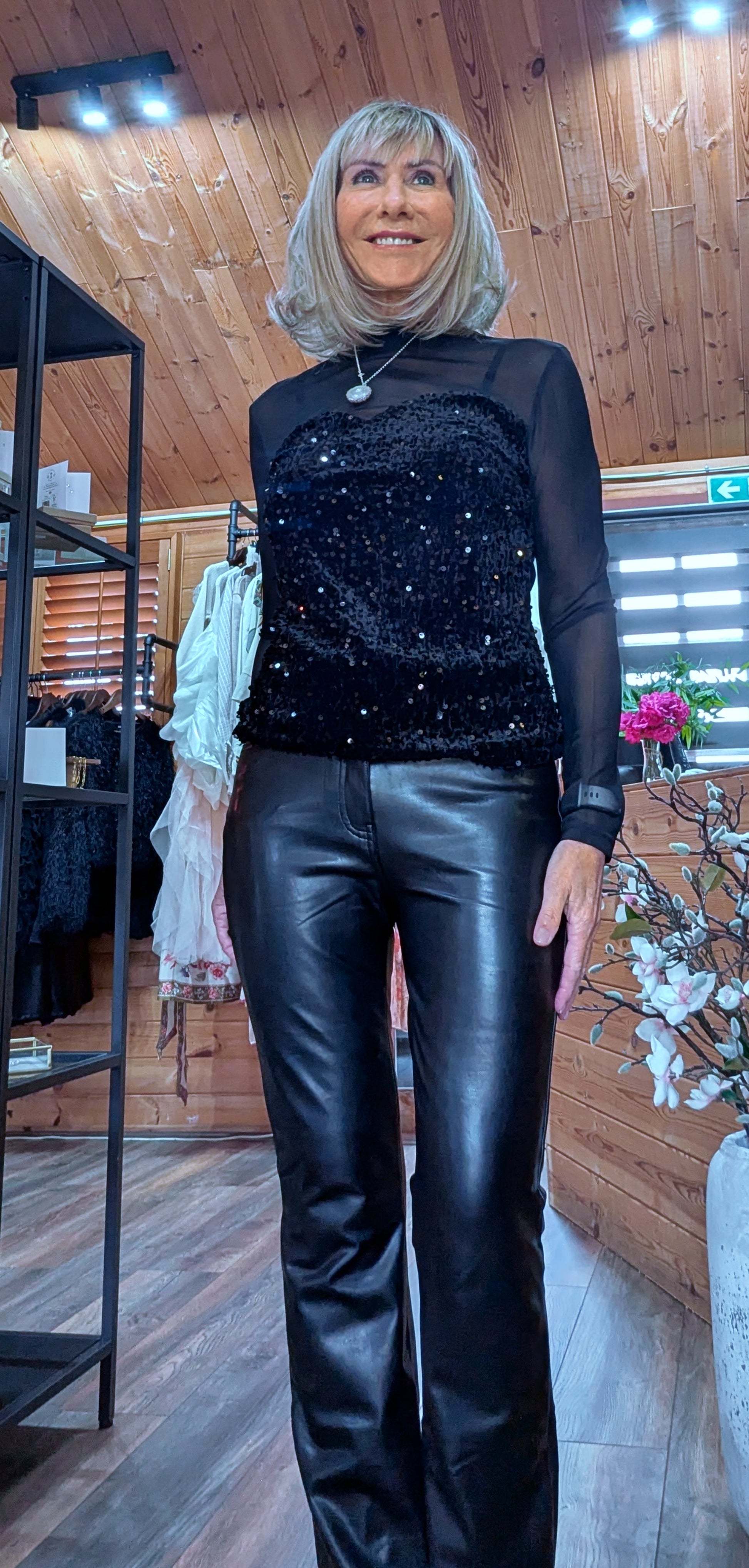Audrey Sheer High-Neck Top with  Velvet Bust with Sequin Detail in black