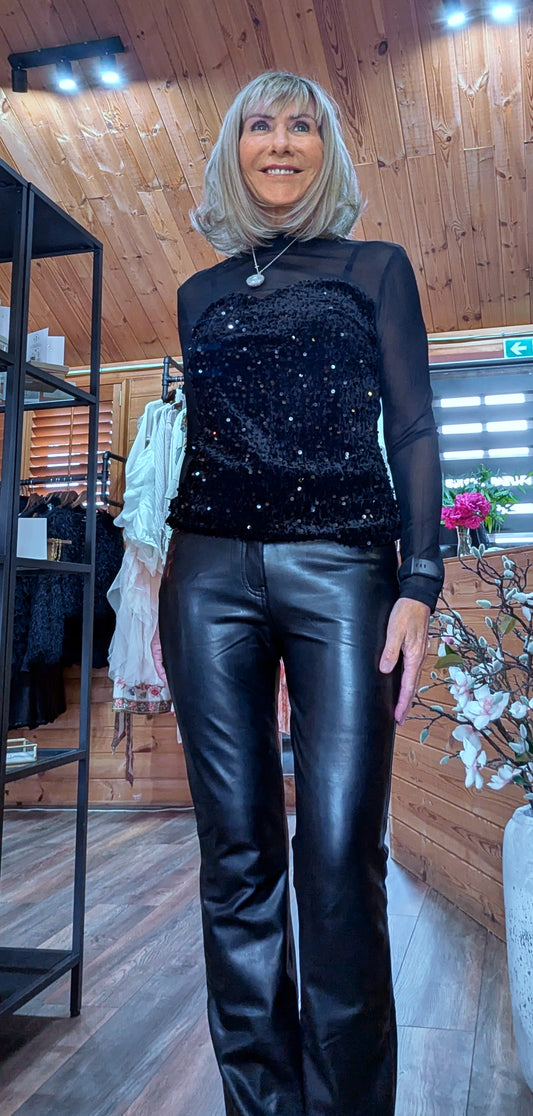 Audrey Sheer High-Neck Top with  Velvet Bust with Sequin Detail in black