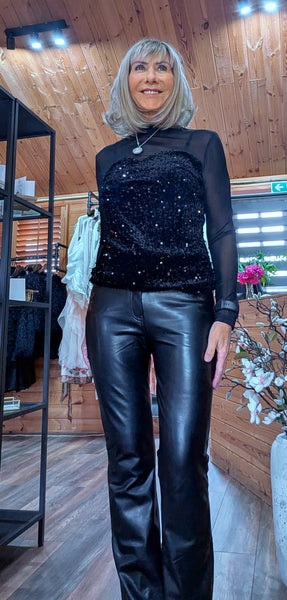 Audrey Sheer High-Neck Top – Velvet Bust with Sequin Detail
