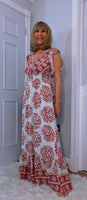 Nolan Boho Maxi Dress –Pink & Ecru, Flutter Sleeves, Elasticated Waist