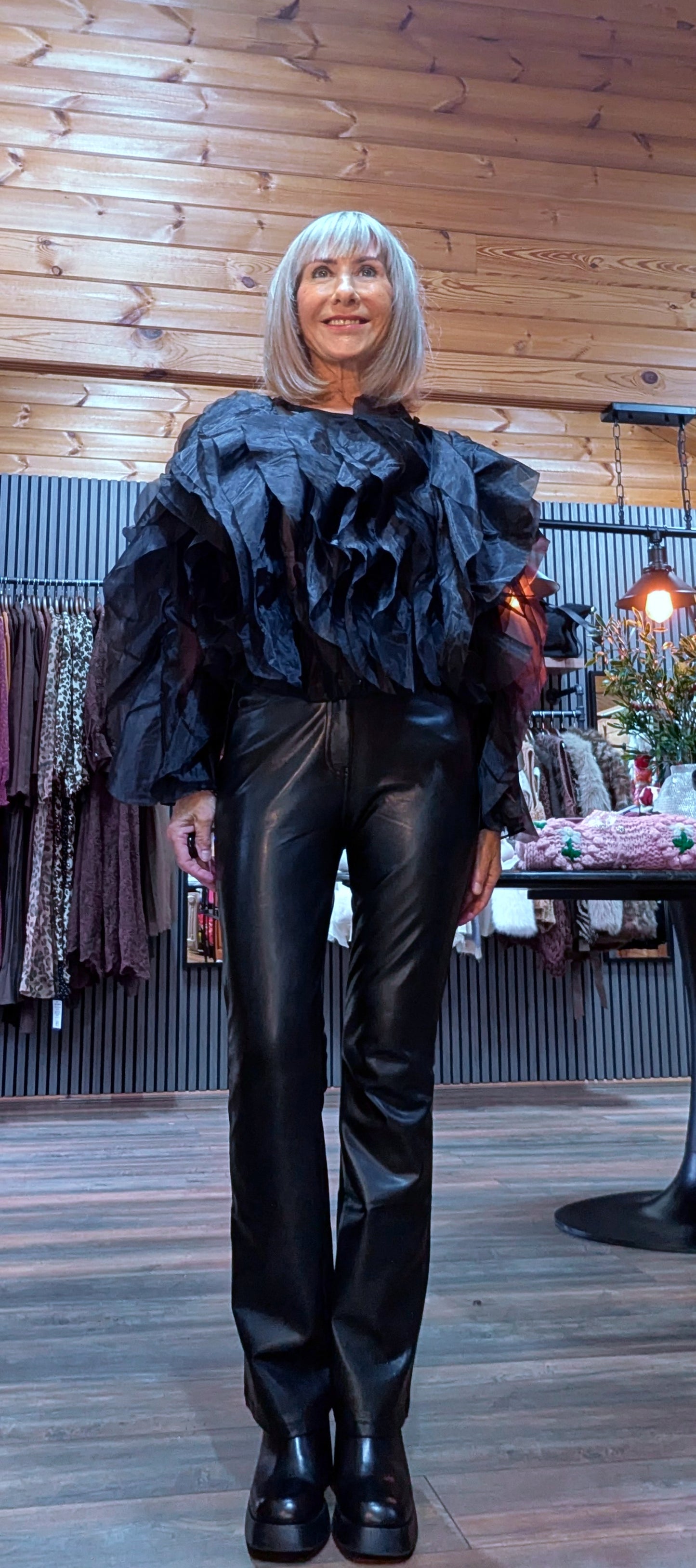 Prunella Black Ruffle Blouse – Tie Neck -Balloon Sleeves