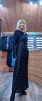 Juno Black Sequin Dress – Scoop Back with Pagoda Sleeves