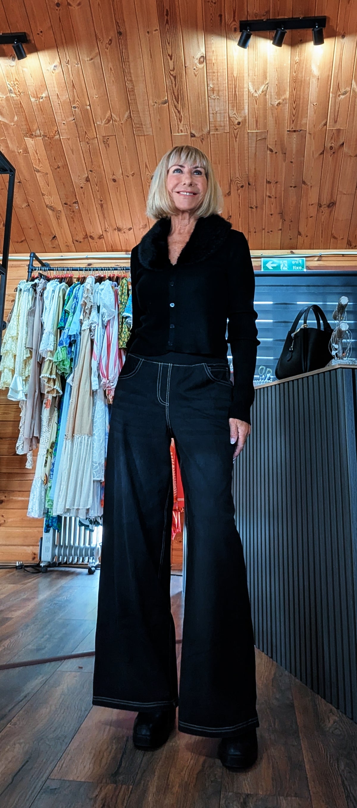 Fenella black pull on jeans with contrast stitching