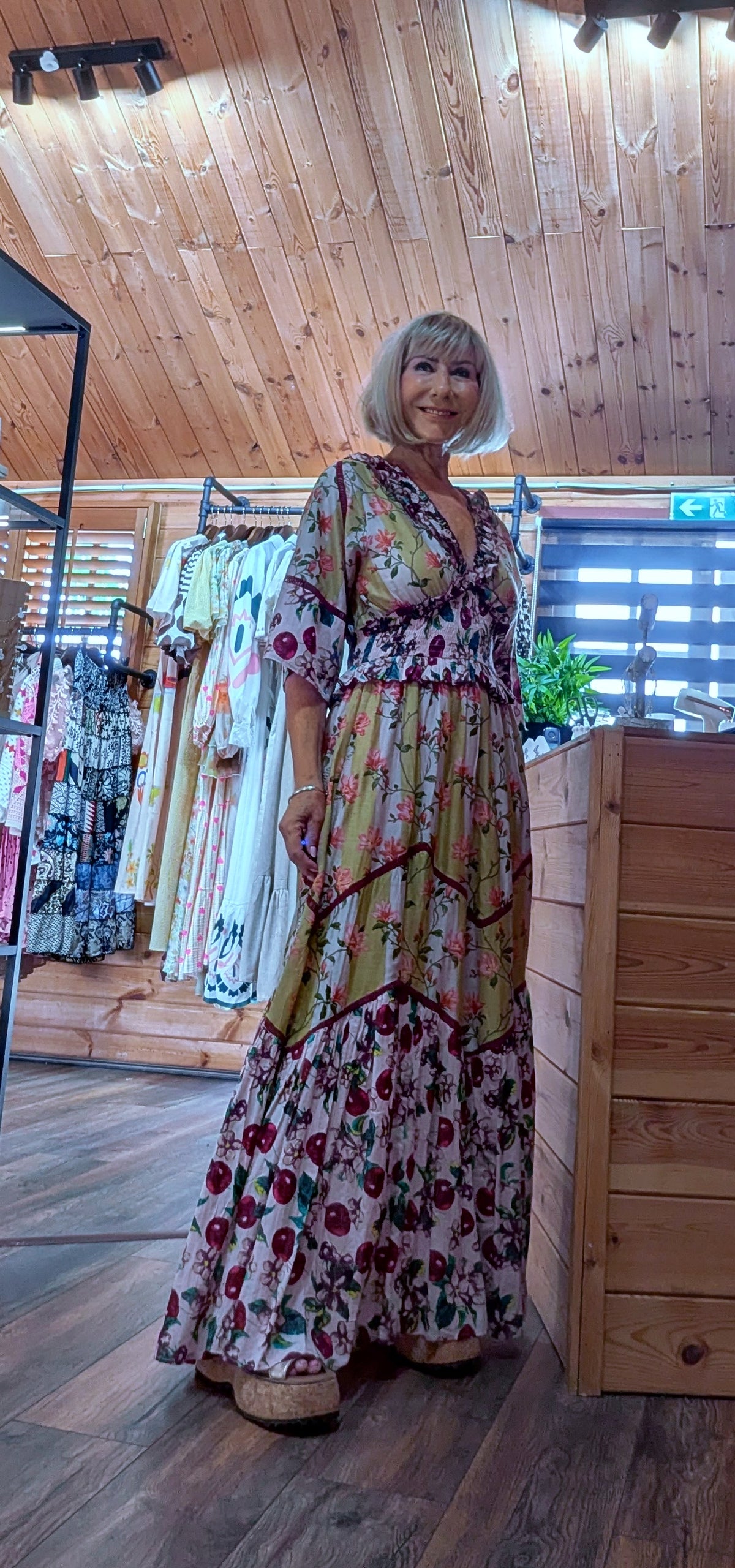 Full length view Felicity Bohemian Maxi  Dress with shirred waist cottage core style 