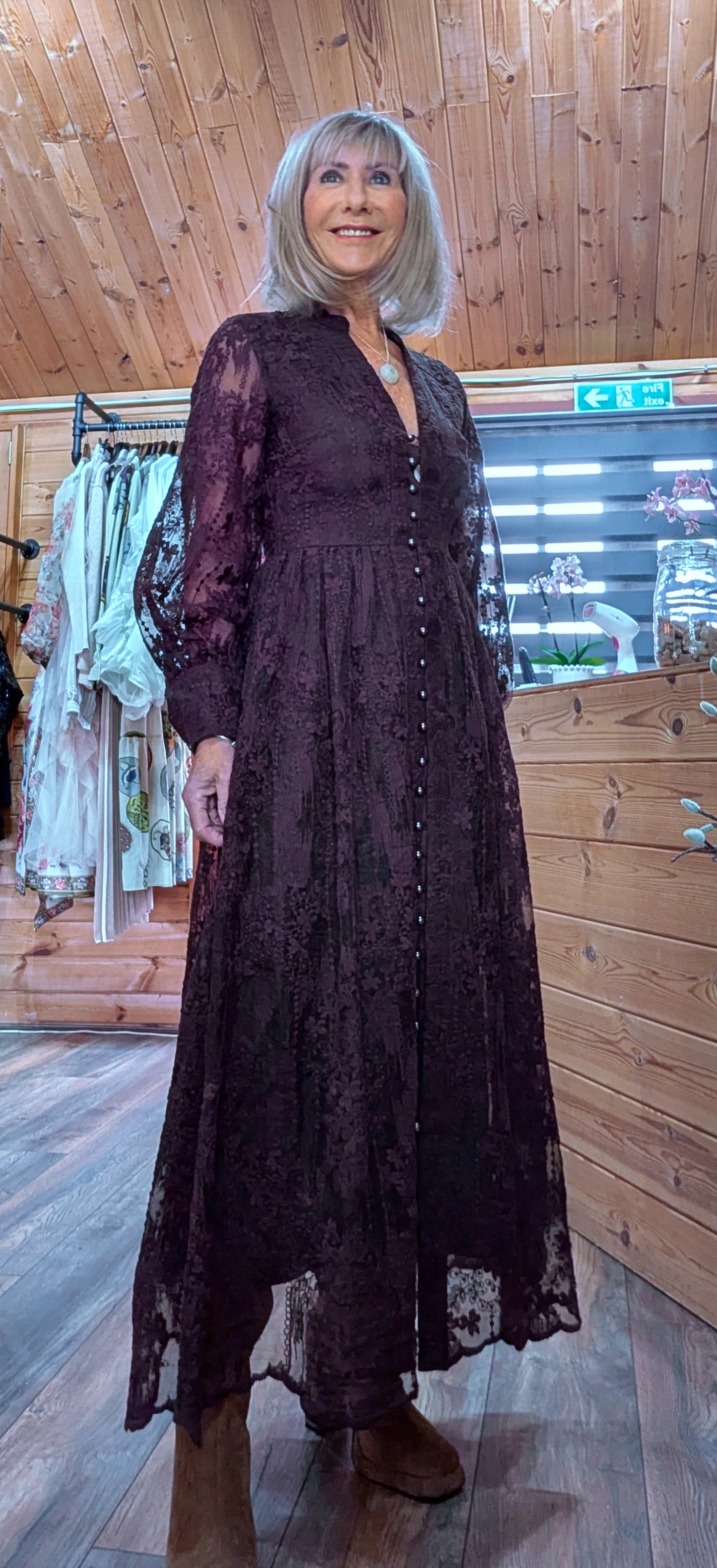 Marsha Coffee Lace Smock Dress – Pearl Button Front - Grandad Collar