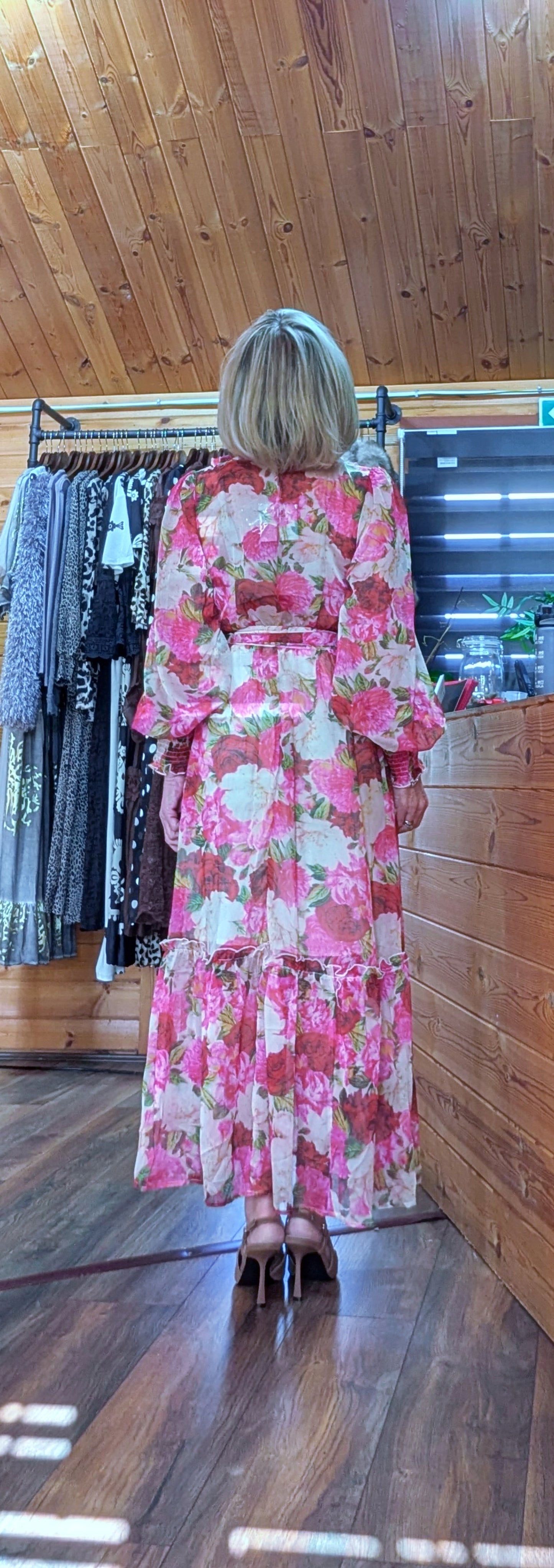 Luna Floral Crepe Maxi Dress in Pink- Green with Frill V-Neck