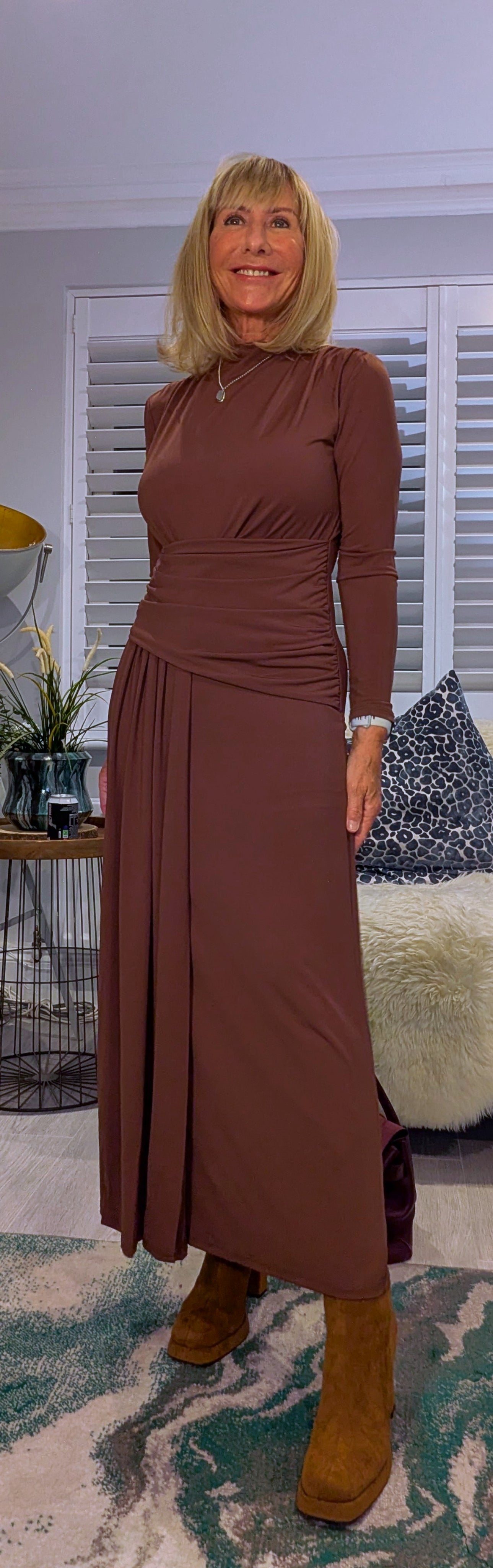Rusty Ruched Dress – Rust with Drop Waist -Slash Neck