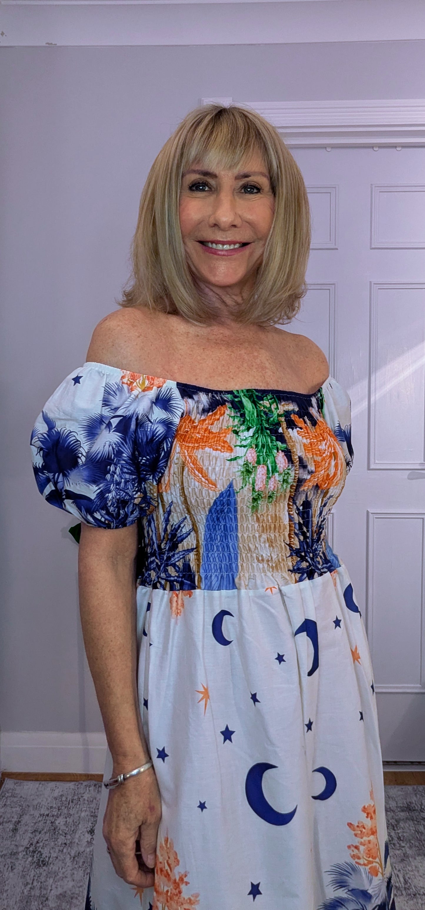 Blossom Bold Print Shirred Dresses On or Off Shoulder
