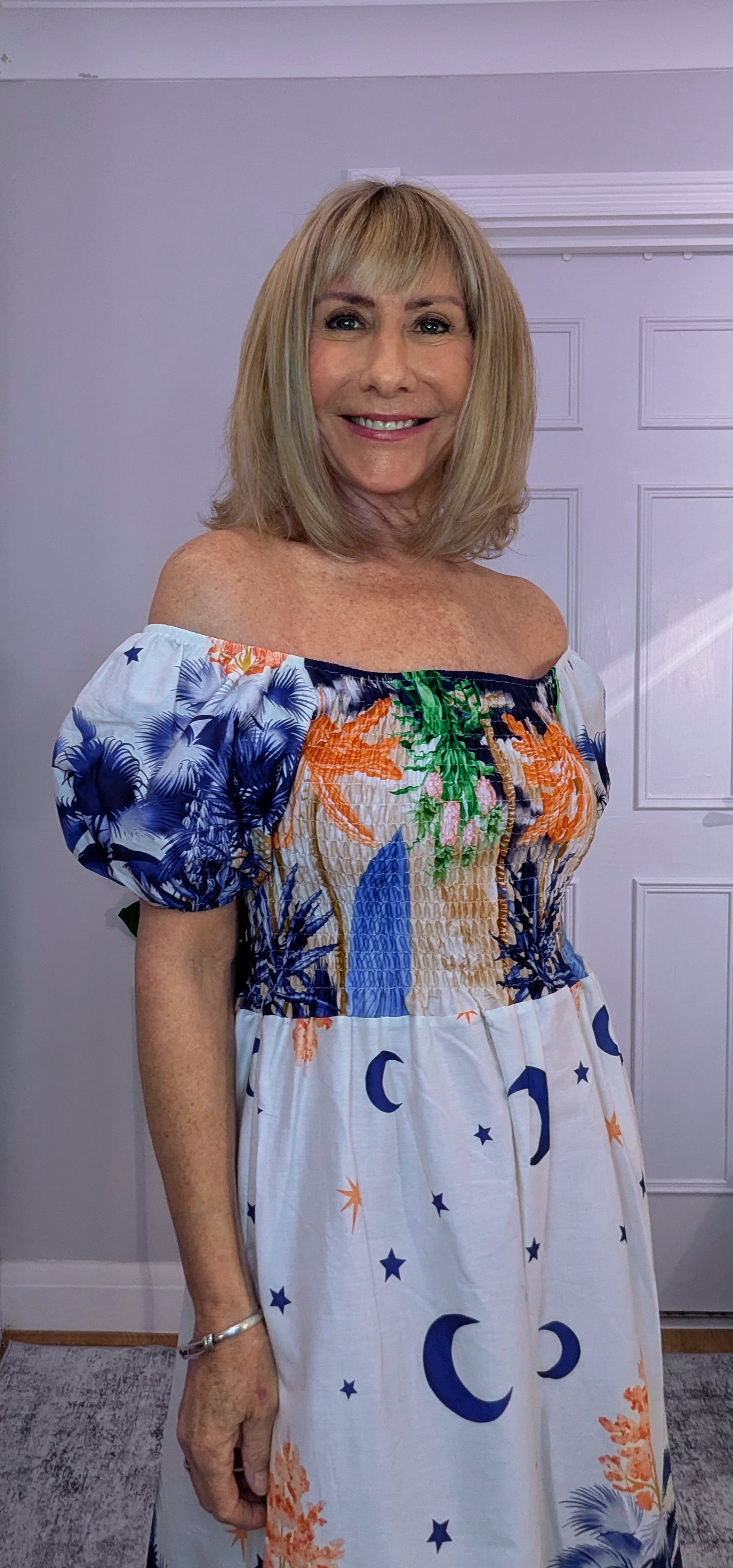 Blossom Bold Print Shirred Dresses On or Off Shoulder
