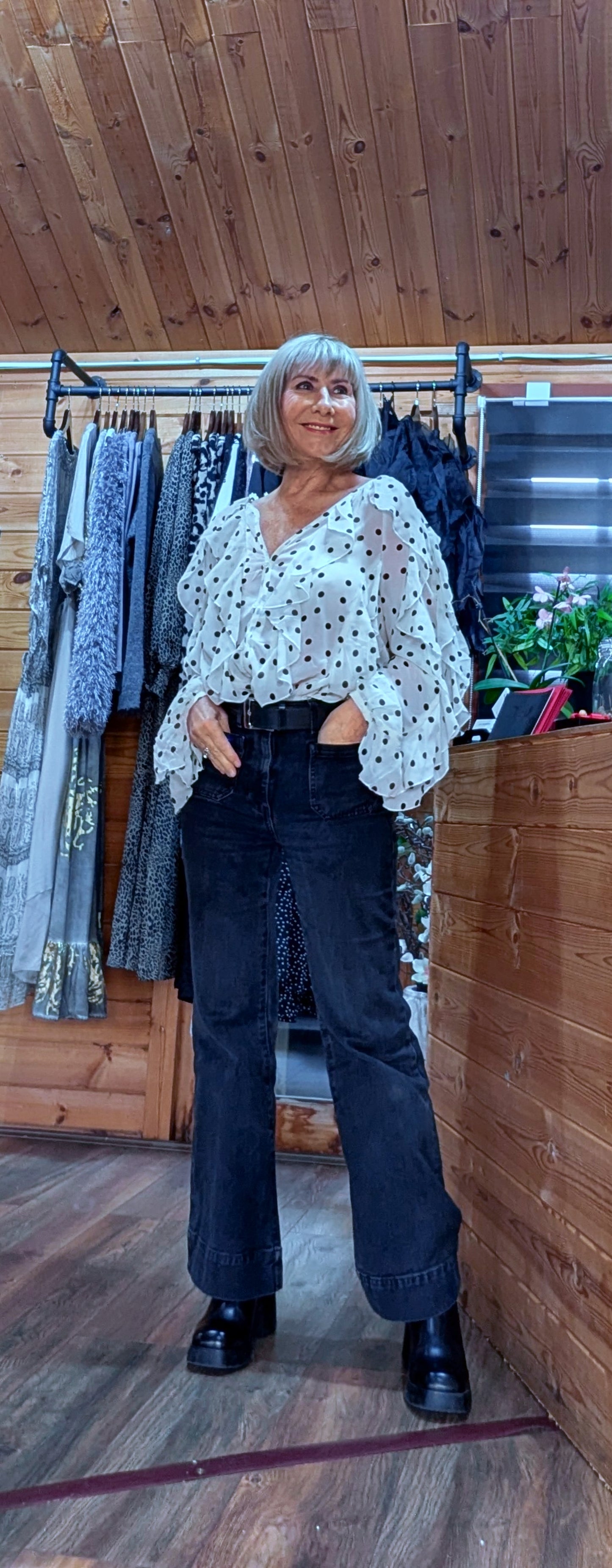Ashley Blouse – Statement Frilled Blouse - Ivory with Polka Dots