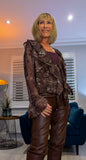 Emery Sheer Blouse – Coffee & Taupe Swirl with Frilled V-Neck