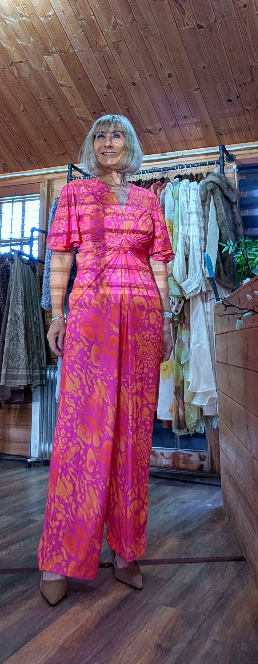 Justina Tropical Green - Fuchsia -Angel Sleeve Maxi Jumpsuit with Twist Detail