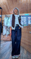 Colleen Sleeveless Cardigan – Cocoa with Ivory Border & Gold Buttons