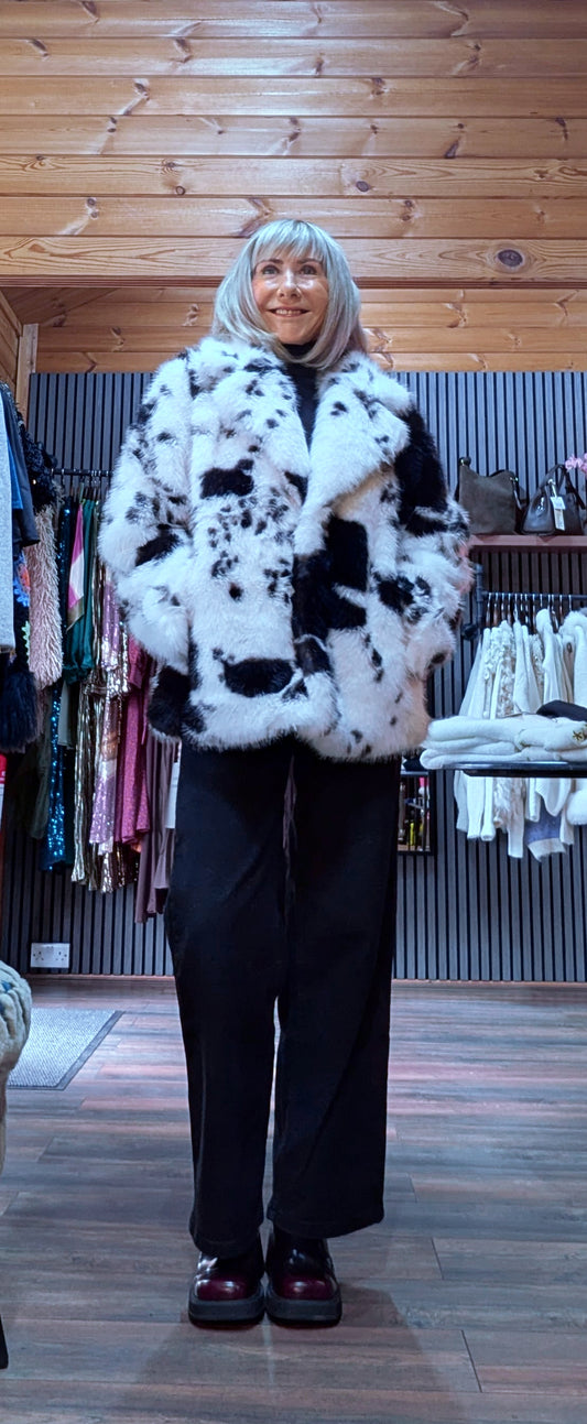 Bessie Cow Print  Faux Fur Jacket – Black  and White 