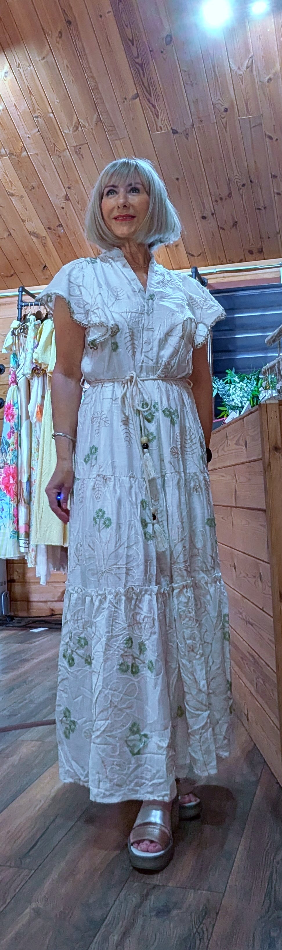 Charity white embroidered dress available in sizes UK 8 to 14