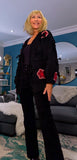 Mallory Chunky Cardigan – Black with Red 3D Flowers & Bows