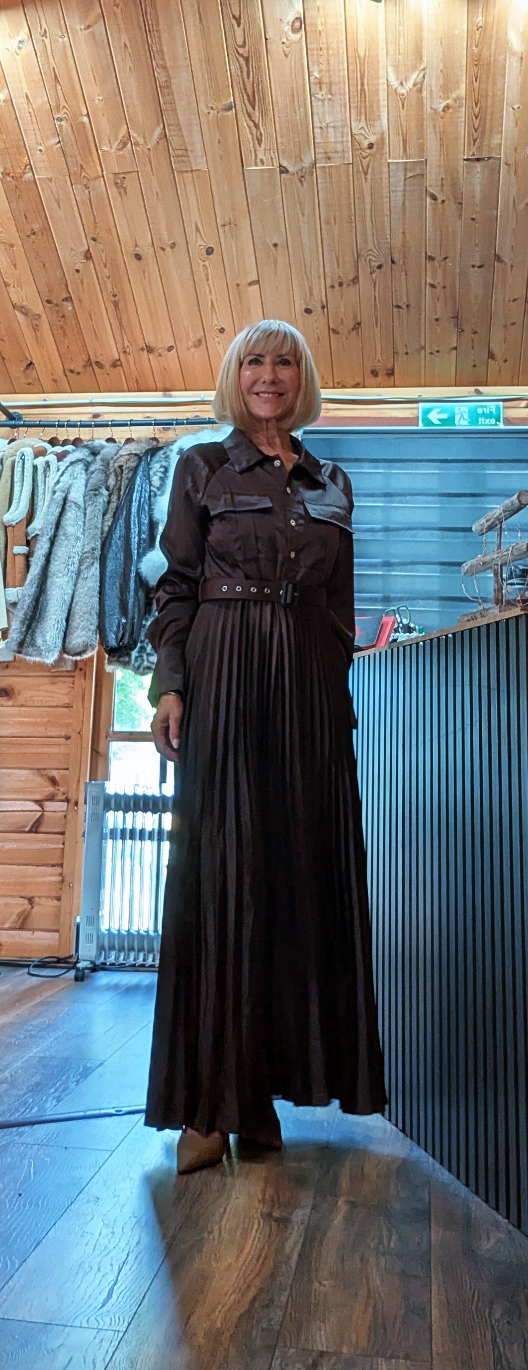 Chocolate-brown belted maxi dress with shirt-style bodice and full pleated skirt
