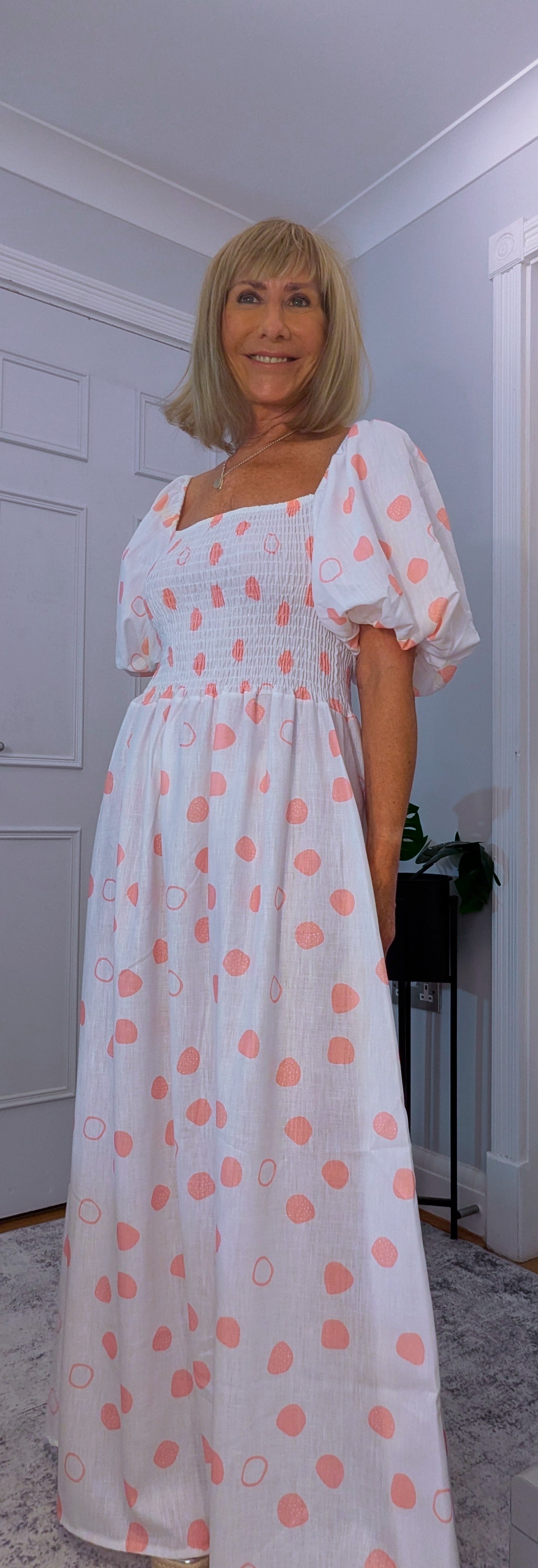 Candy On or Off - Shoulder Puff Sleeve Dress with  Shirred Bust