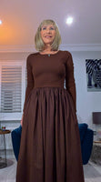 Betty Dress – Ribbed Cotton Jersey with Flared Skirt & Pockets (Black or Chocolate Brown)
