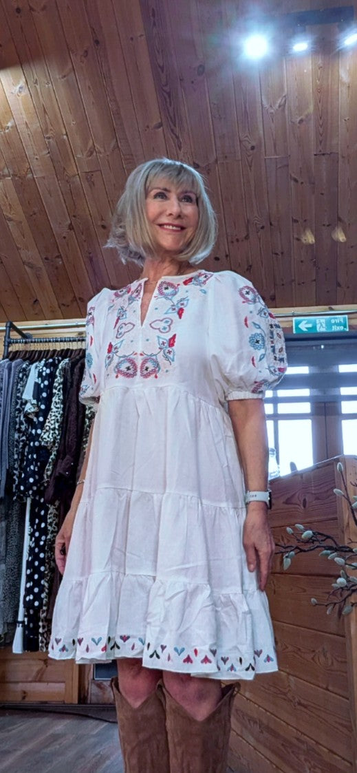 Bo Smocked Linen Cotton Dress White with Pink and Blue Embroidery