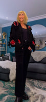 Mallory Chunky Cardigan – Black with Red 3D Flowers & Bows