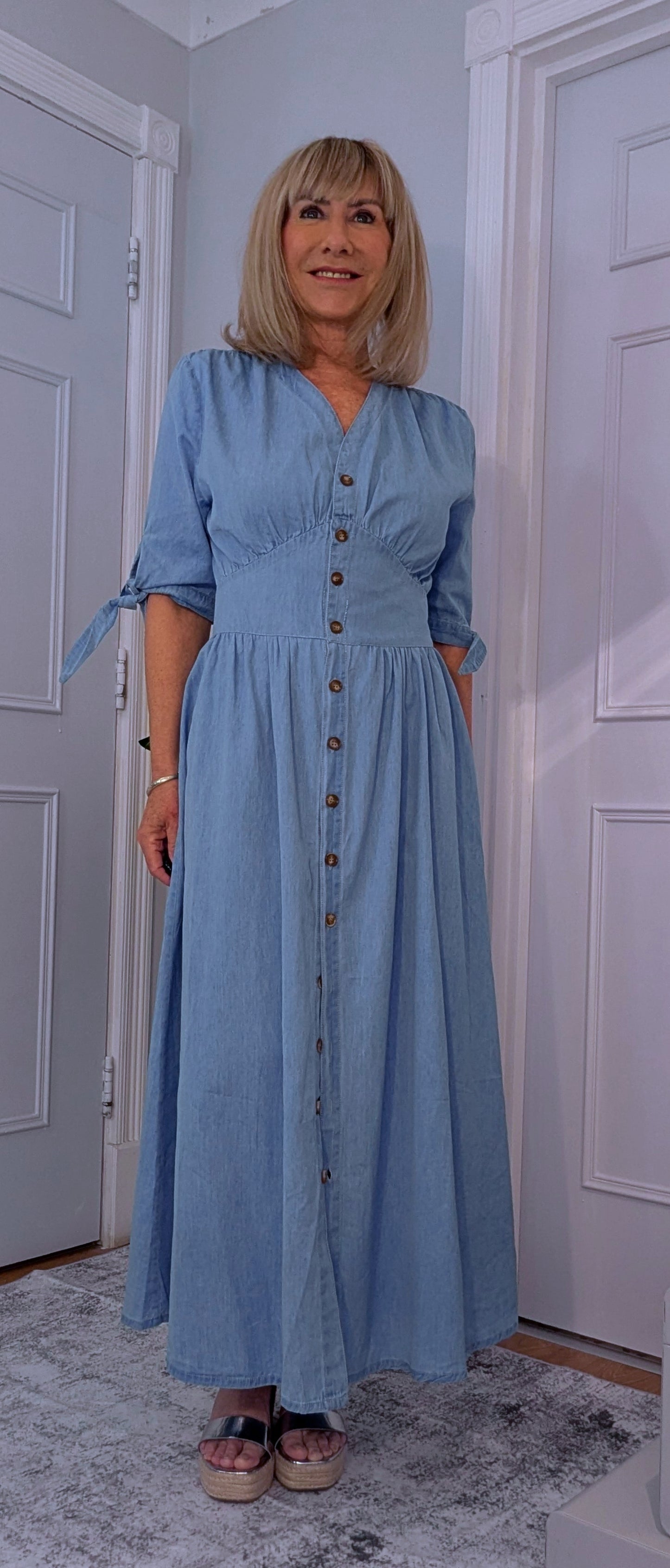 Binty Blue Denim Shirt Midi Dress  Cottage Core Style