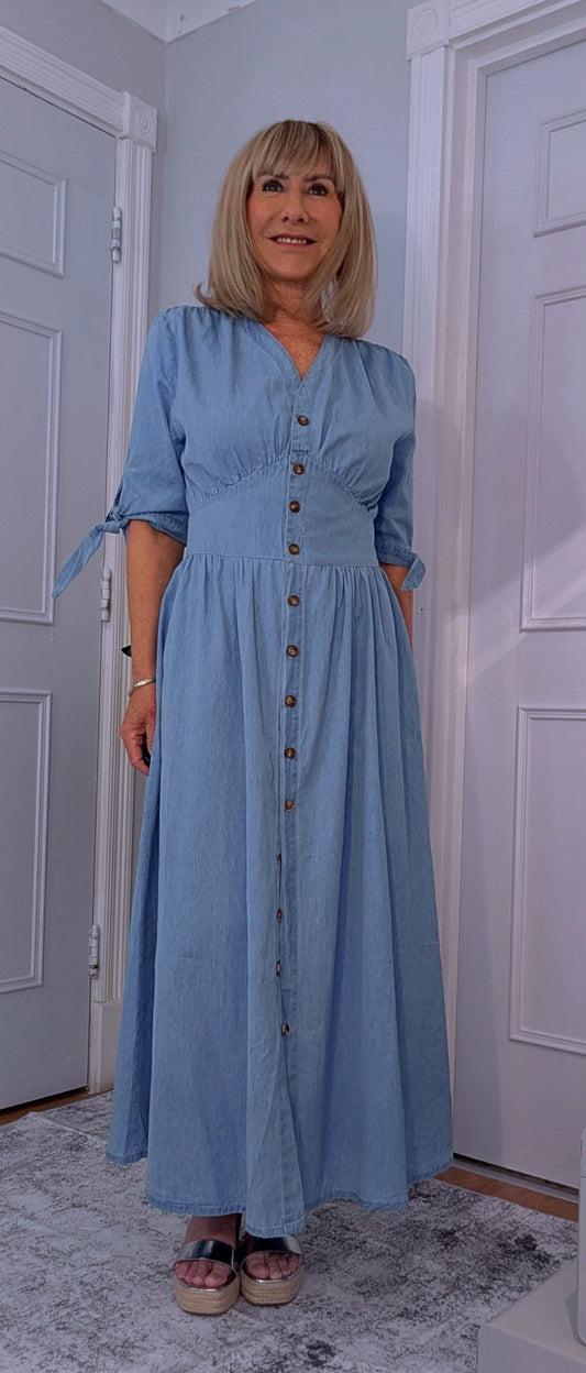 Binty Blue Denim Shirt Midi Dress  Cottage Core Style
