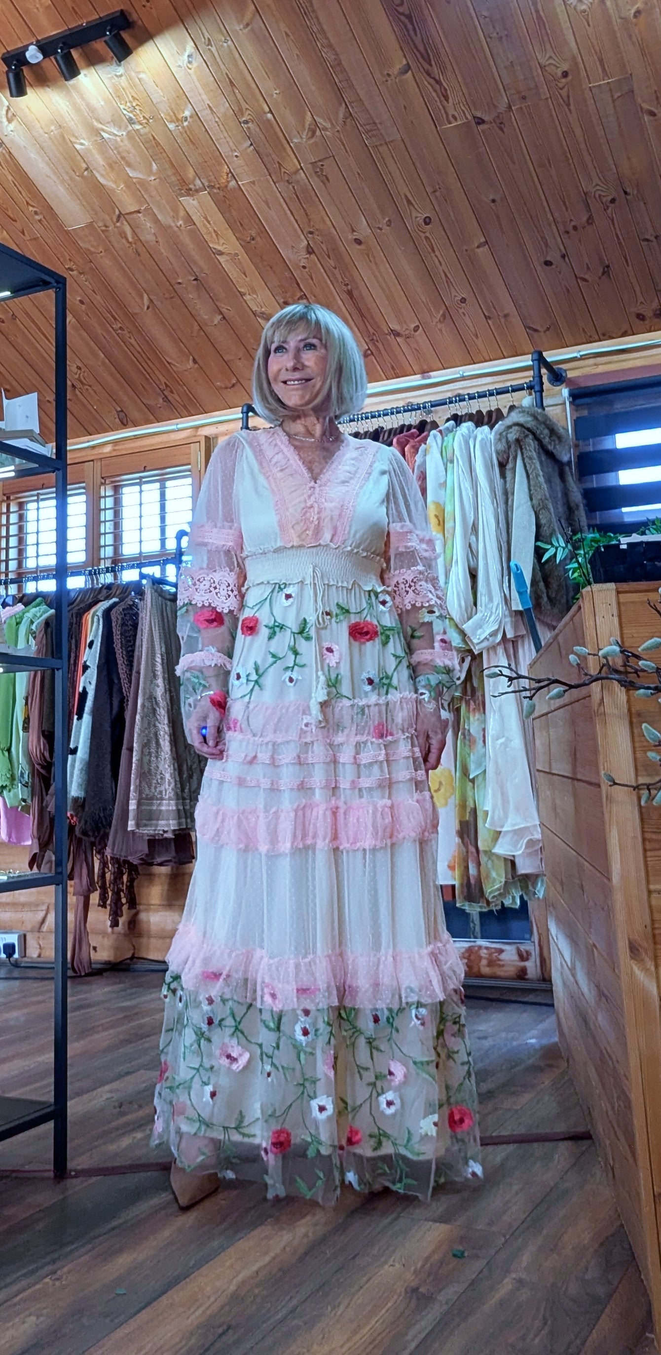 Stella Lace Bohemian Dress With Sheer Long Sleeves and Embroidery