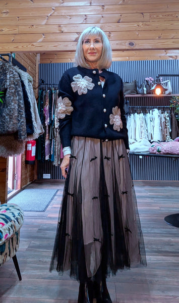 Opal Cardigan with Ecru Embroidery Flowers, Pearl & Gold Sequin Detail