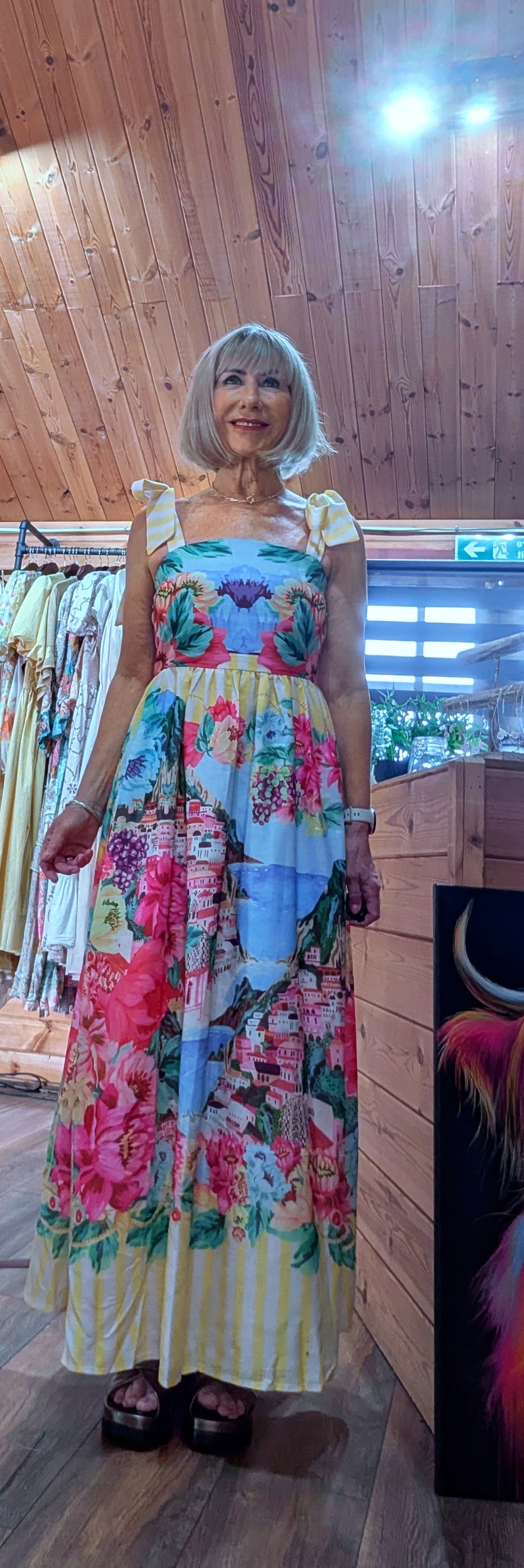 Emmy printed holiday dress with tie shoulder straps