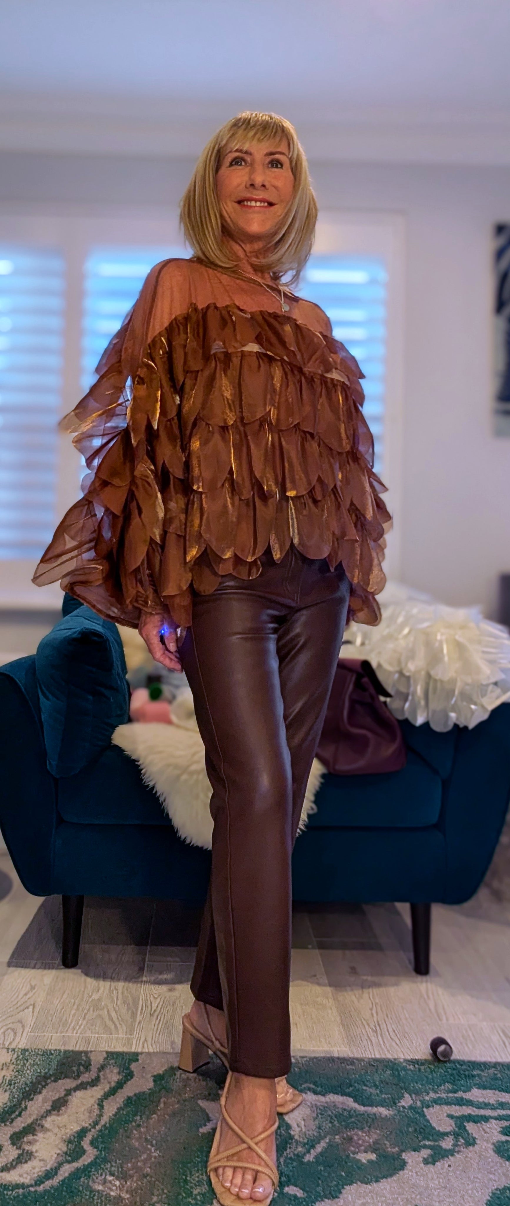 Delta Blouse Statement in Bronze  with Ruffles and sheer neck