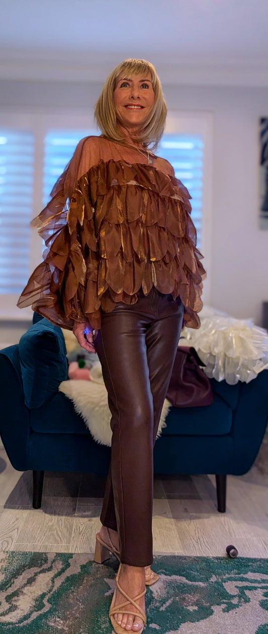 Delta Blouse Statement in Bronze  with Ruffles and sheer neck