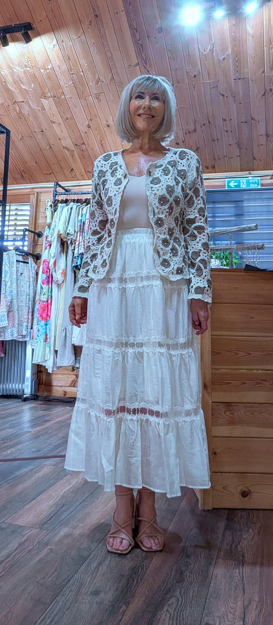 Camilla ivory cotton tiered lace skirt with elasticated waist